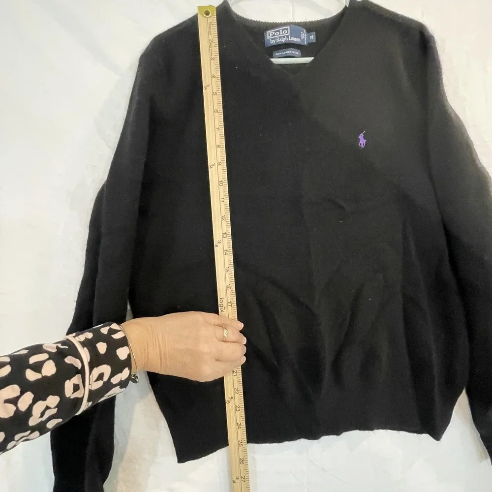 Polo Ralph Lauren Sweater‎ Mens Medium Black Lambswool V Neck Knit Pullover Pony